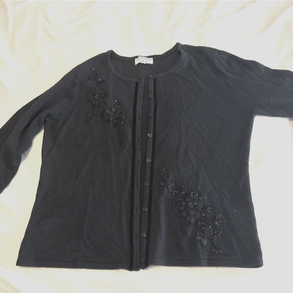 Vintage Covington Women’s Black Sweater Bugle Bead Detail Floral Appliqué  Sz Sm